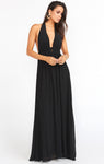 Chiffon Open-Back Draped Elasticized Empire Waistline Halter Plunging Neck Dress