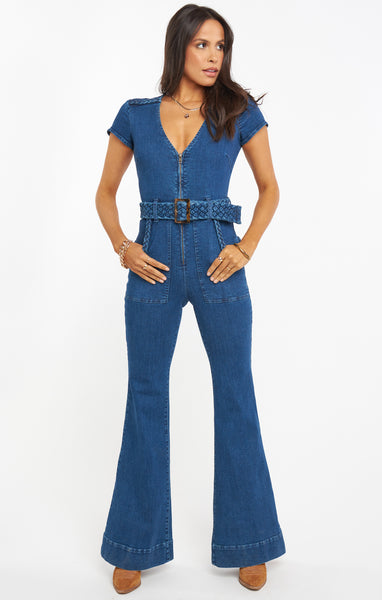 Sexy Denim Belted Pocketed Jumpsuit