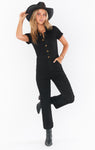 Fit-and-Flare Denim Pocketed Button Front Fitted Jumpsuit