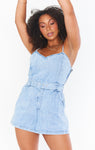 Vintage Belted Smocked Sweetheart Denim Spaghetti Strap Romper