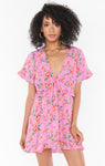 V-neck Floral Print Empire Waistline Flowy Short Dress With Ruffles