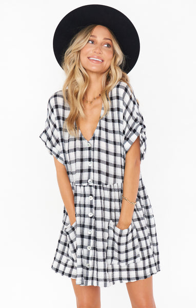 Plaid Print Short Pocketed Button Front Dress