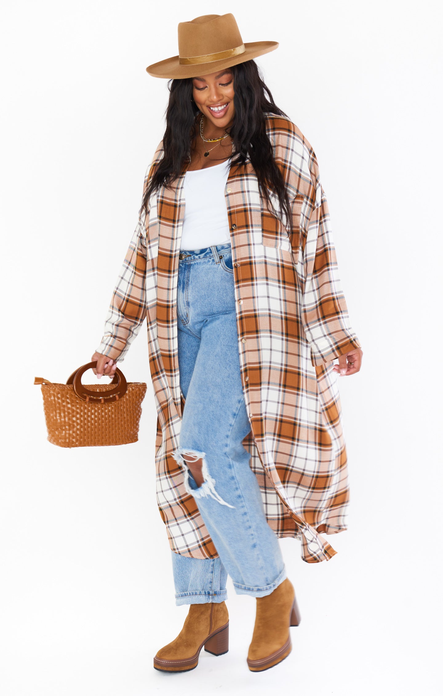 Leo Button Down Tunic ~ Tan Plaid