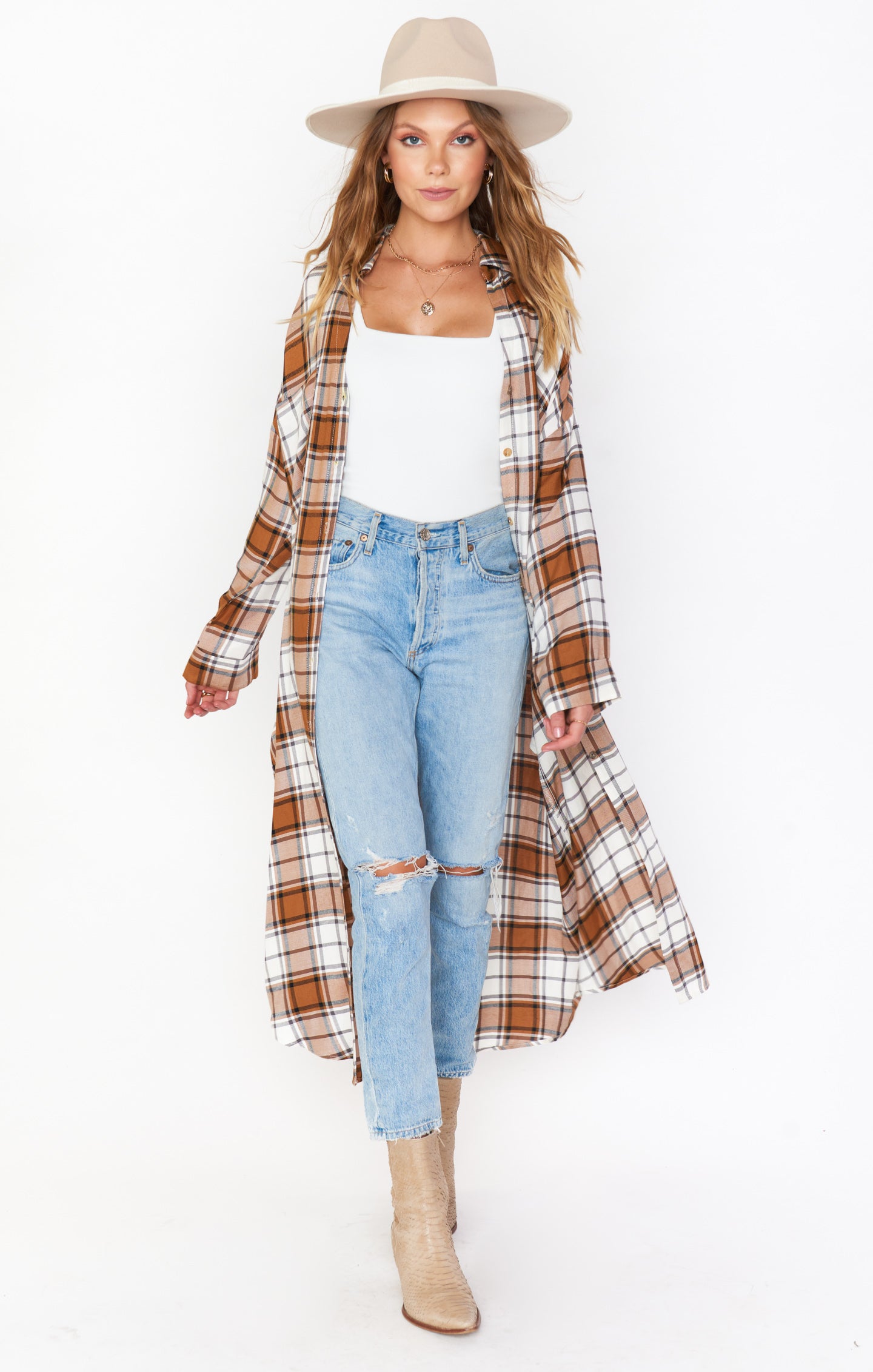 Leo Button Down Tunic ~ Tan Plaid