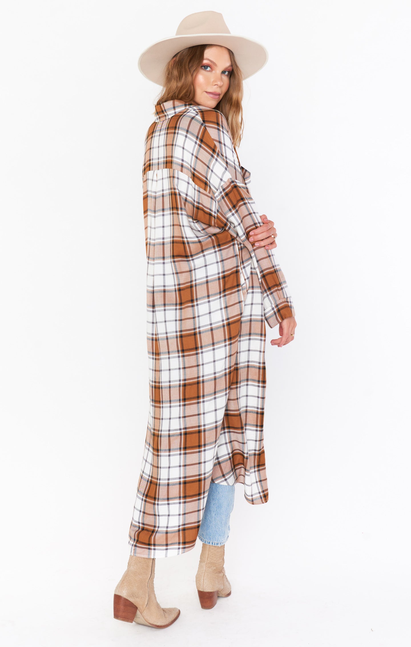 Leo Button Down Tunic ~ Tan Plaid