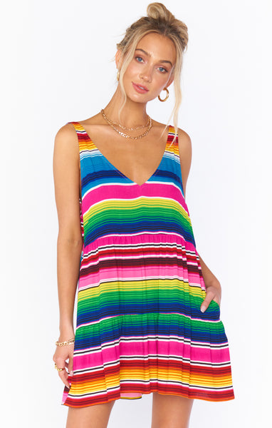 V-neck Short Tank Tiered Flowy Striped Print Cover Up/Party Dress
