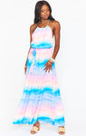 Elasticized Waistline Flowy Tiered Halter Scoop Neck Maxi Dress With a Sash