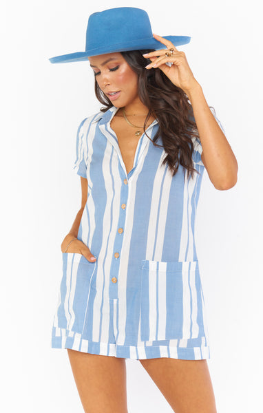 Bateau Neck Striped Print Short Sleeves Sleeves Button Front Summer Romper