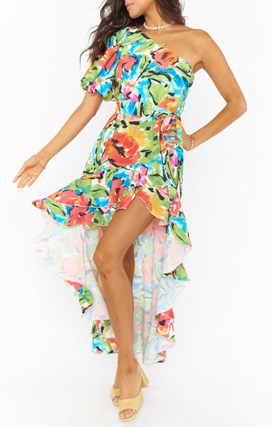 Floral Print One Shoulder High-Low-Hem Maxi Dress With Ruffles