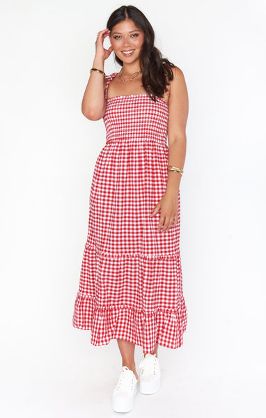 Smocked Summer Tiered Self Tie Checkered Gingham Print Midi Dress