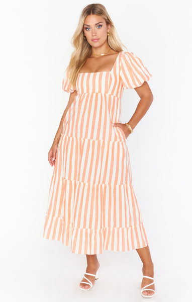 Sophisticated Smocked Square Neck Flowy Striped Print Linen Midi Dress