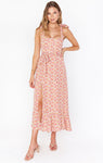 Floral Print Slit Flowy Fitted Smocked Square Neck Midi Dress With a Bow(s) and a Sash