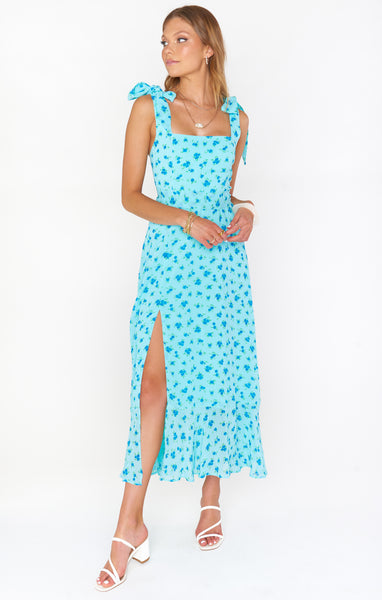 Fitted Flowy Slit Smocked Square Neck Floral Print Midi Dress With a Bow(s) and a Sash