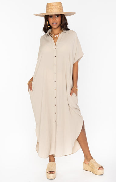 Collared Pocketed Flowy Slit Button Front Beach Dress