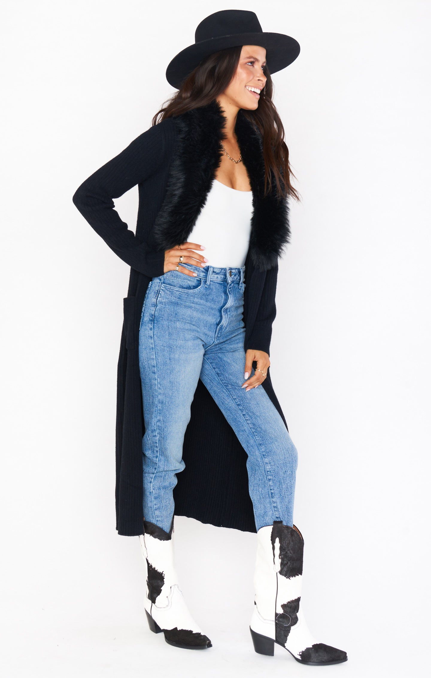 Lombardi Long Cardi ~ Black Knit with Faux Fur