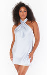 Halter High-Neck Satin Draped Wrap Open-Back Short Dress