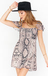 Short Smocked Square Neck Animal Snake Print Flowy Side Zipper Dress