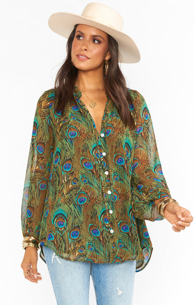 Button Front Flowy Collared General Print Tunic With Ruffles
