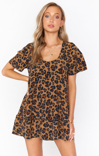 Shift Animal Cheetah Print Scoop Neck Short Tiered Dress With Ruffles