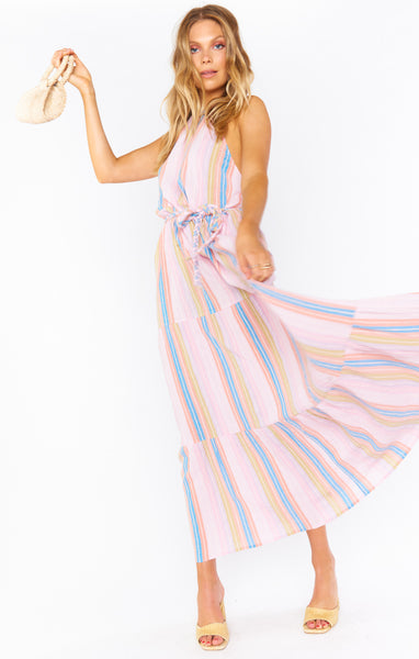 Elasticized Waistline Striped Print Belted Tiered Flowy Halter Scoop Neck Maxi Dress