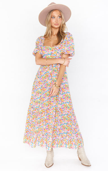 Sophisticated Floral Print Smocked Square Neck Flowy Midi Dress