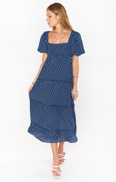 Sophisticated Smocked Square Neck Flowy Midi Dress