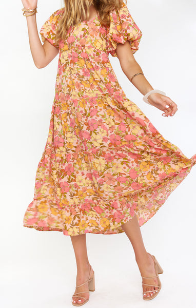 Sophisticated Smocked Square Neck Floral Print Flowy Midi Dress