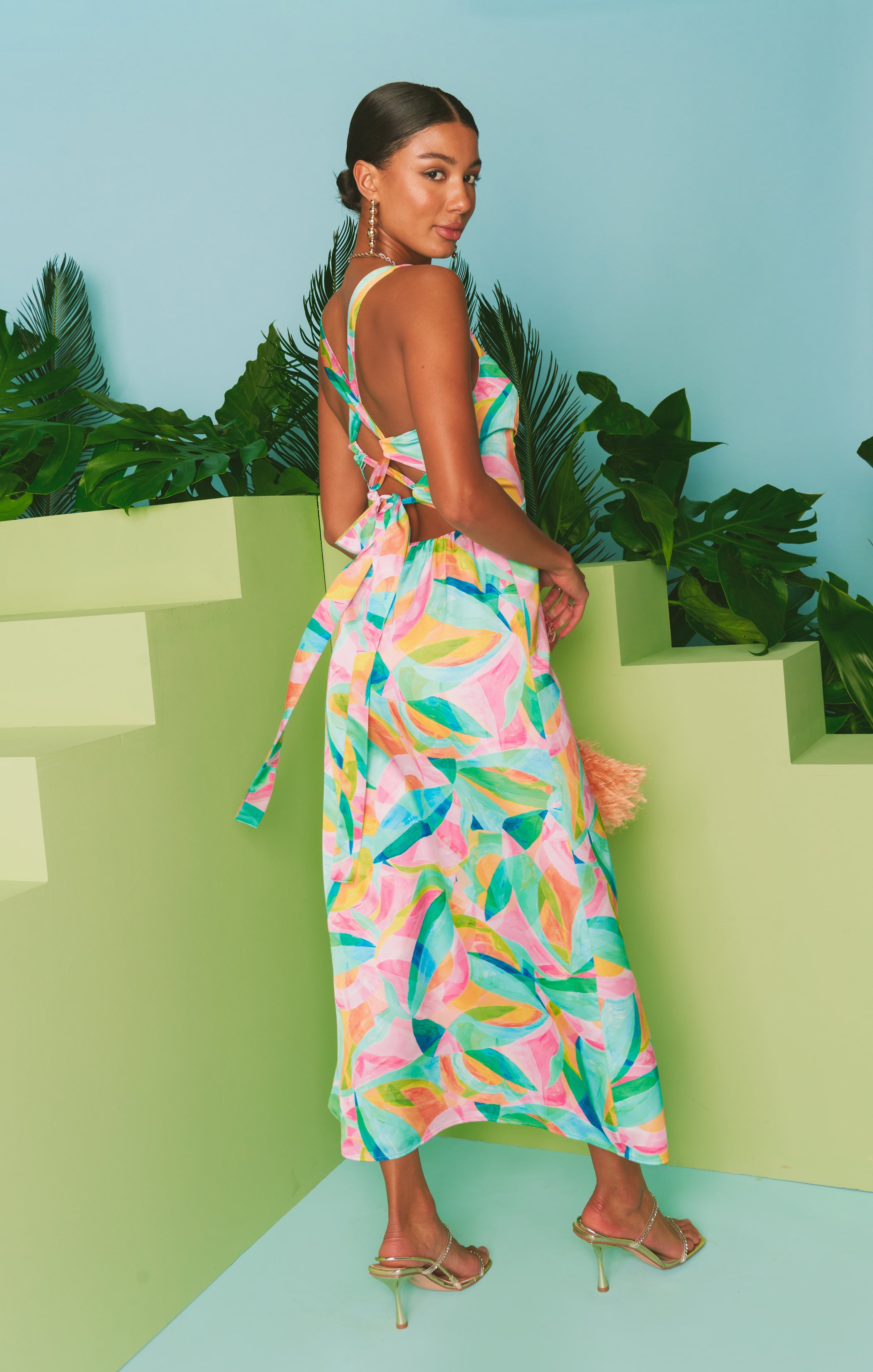 Mina Midi Dress ~ Tropicana Burst Luxe Satin