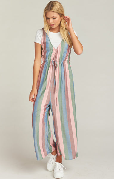 Striped Print Flowy V Back Short Long Sleeves Jumpsuit