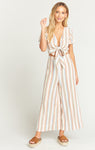 V-neck Striped Print Side Zipper Flutter Sleeves Jumpsuit