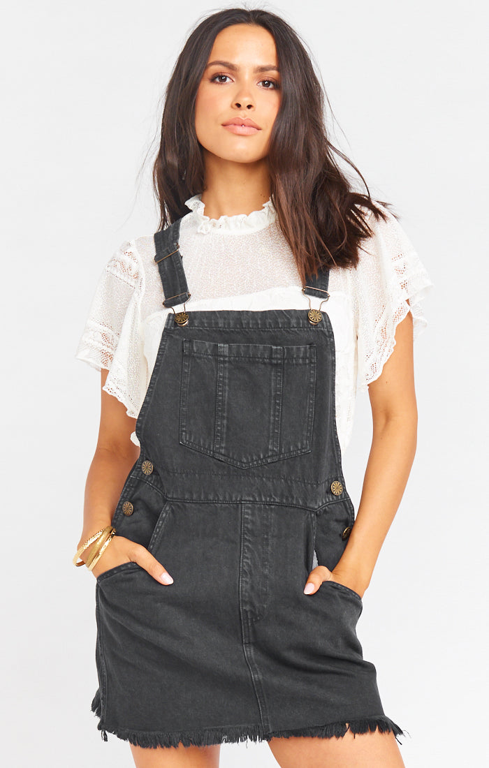 black denim dress overalls