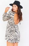 V-neck Short Open-Back Ruched Animal Zebra Print Satin Dress