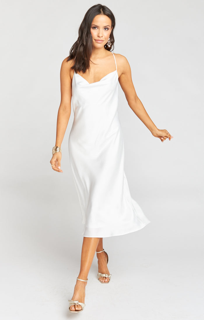 white cowl neck satin dress