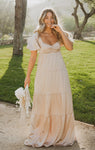 Satin Tiered Flutter Sleeves Empire Waistline Smocked Sweetheart Bridesmaid Dress/Maxi Dress