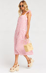 Tie Waist Waistline Striped Print Summer Button Front Pocketed Midi Dress