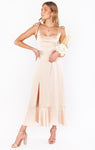 Smocked Slit Fitted Flowy Satin Dress With a Bow(s) and a Sash by Show Me Your Mumu