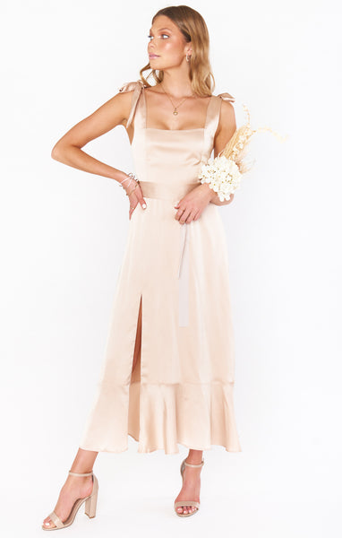 Satin Smocked Square Neck Flowy Fitted Slit Midi Dress With a Bow(s) and a Sash