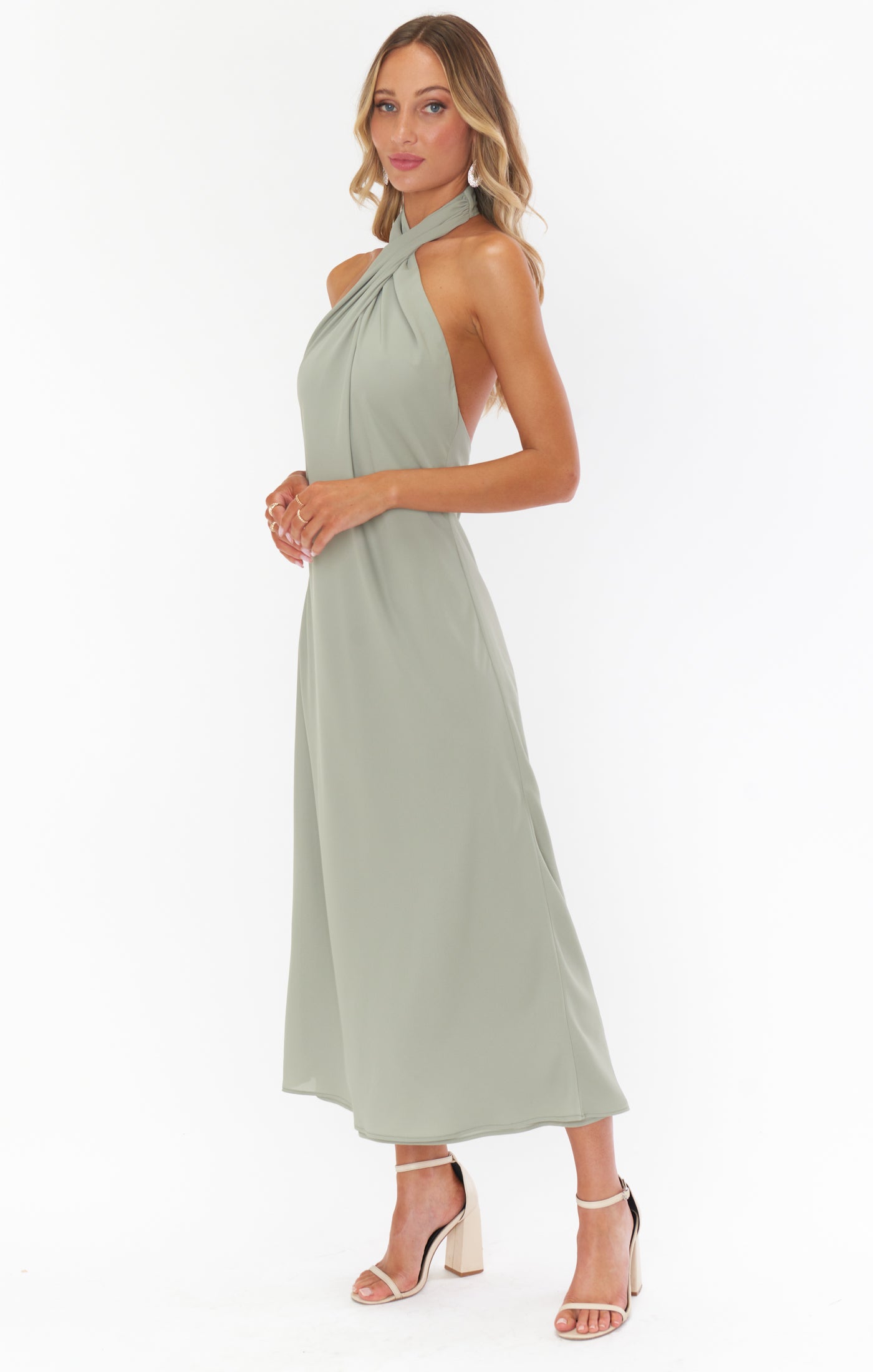 Jasmine Halter Midi Dress ~ Moss Green Crisp