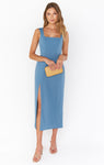 Slit Fitted Stretchy Square Neck Midi Dress With a Sash