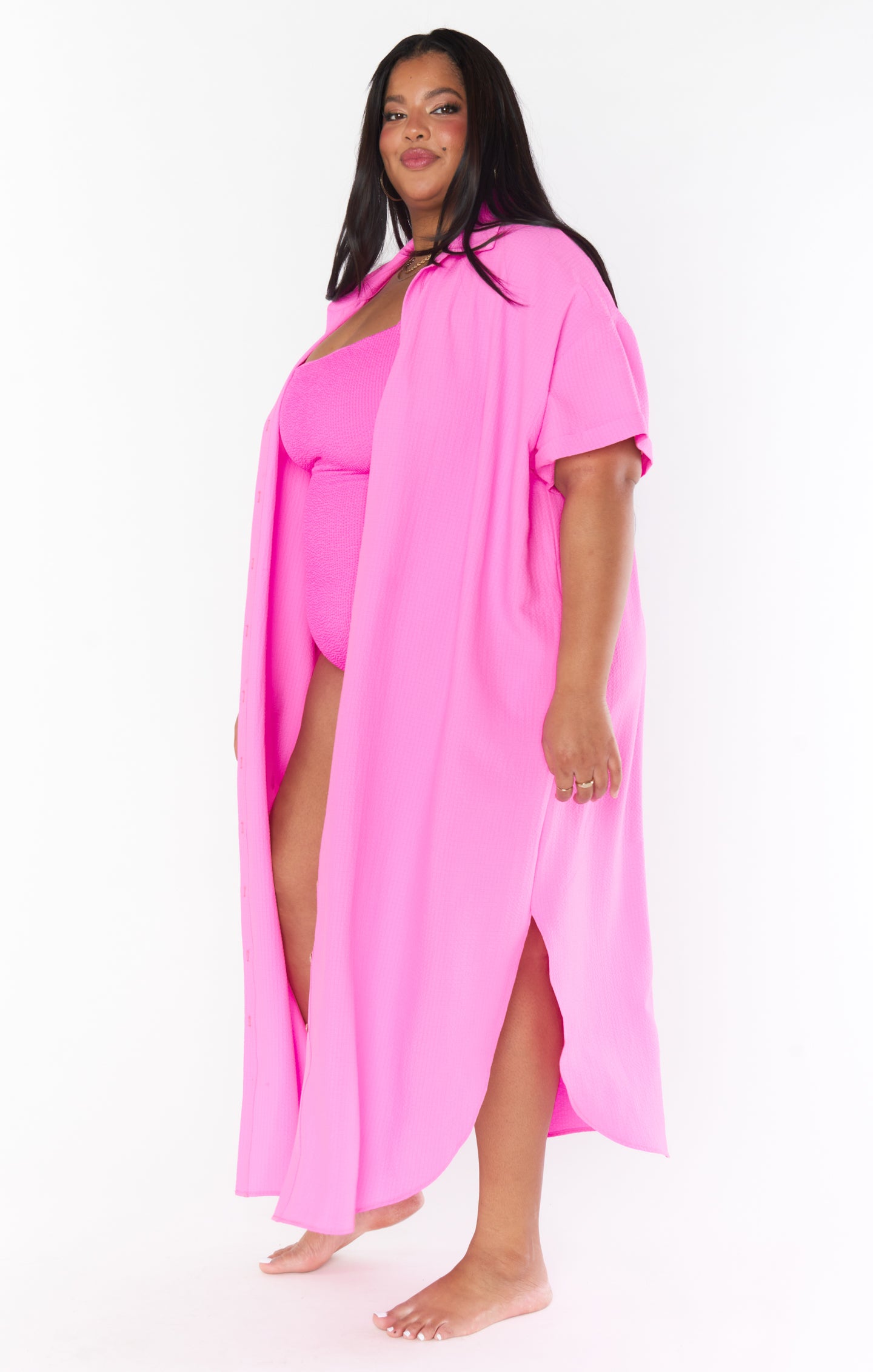 Buoy Button Down Dress ~ Hot Pink Crinkle Flow