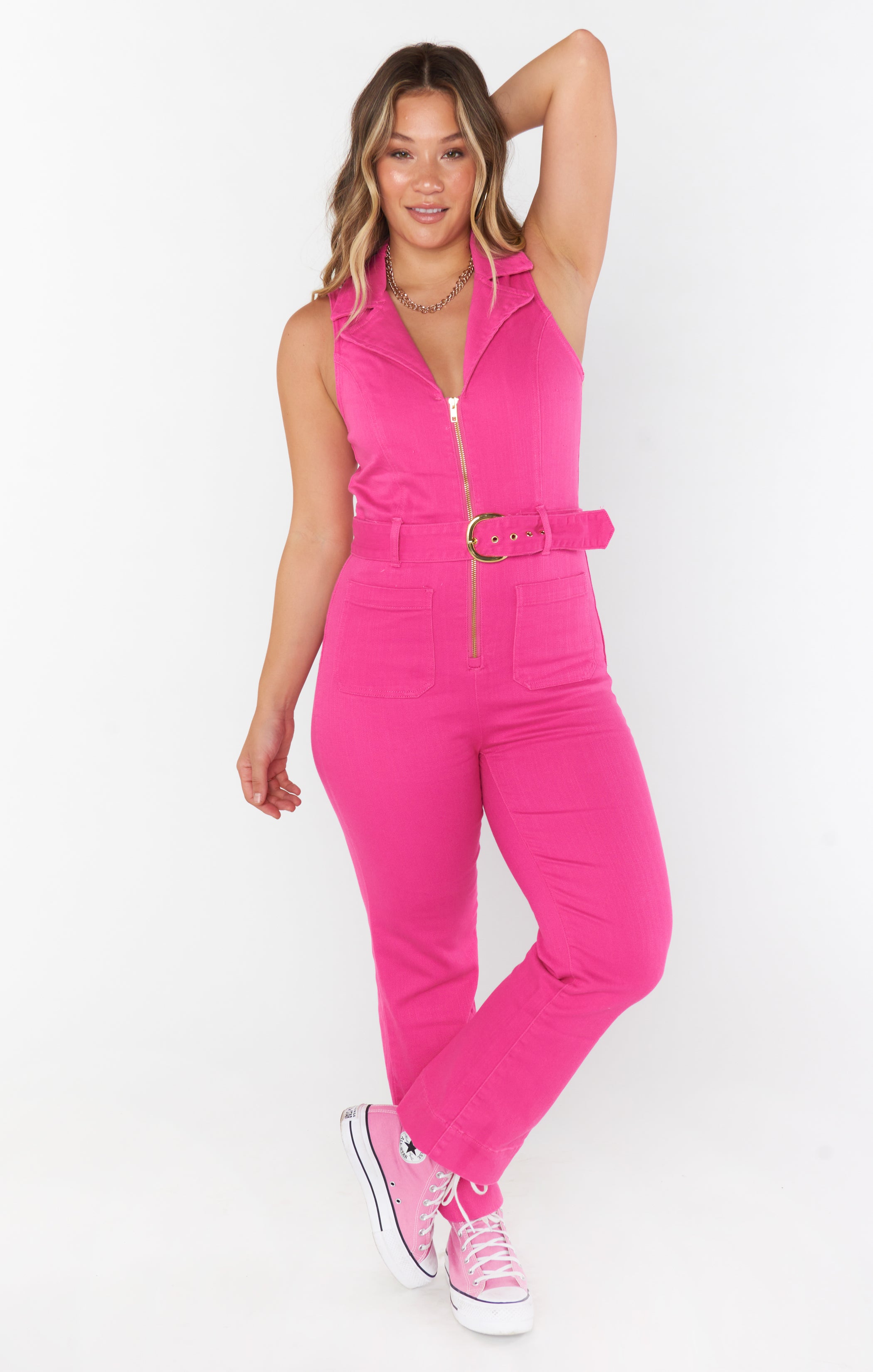 Jacksonville Cropped Jumpsuit ~ Hot Pink Denim