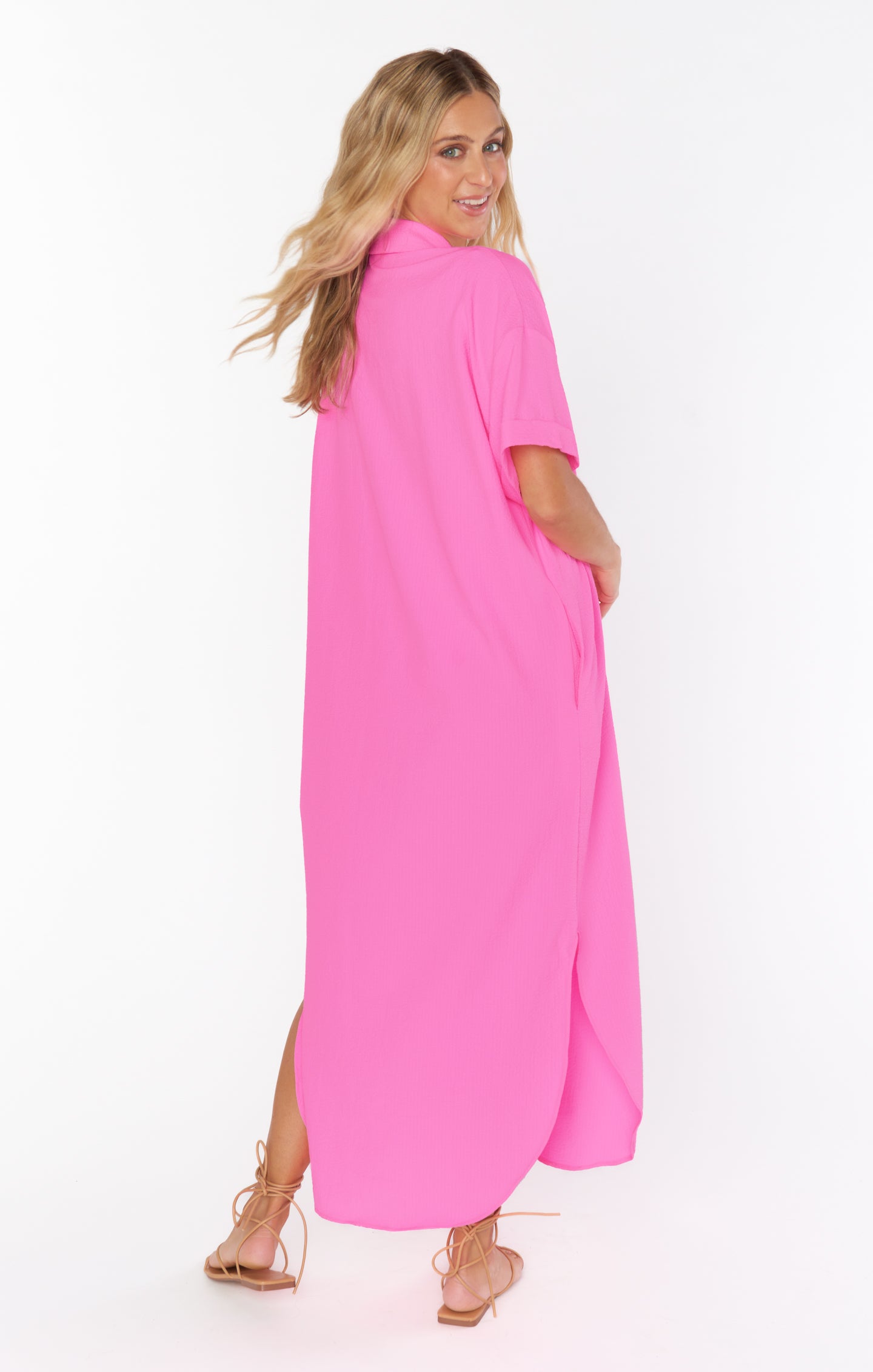 Buoy Button Down Dress ~ Hot Pink Crinkle Flow