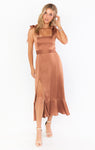 Satin Smocked Square Neck Flowy Slit Fitted Midi Dress With a Bow(s) and a Sash