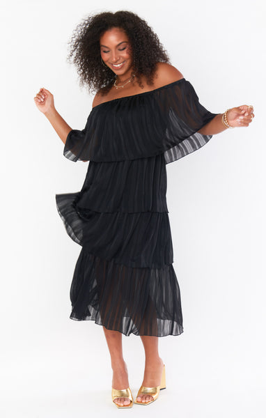 Strapless Flutter Sleeves Off the Shoulder Striped Print Tiered Chiffon Midi Dress
