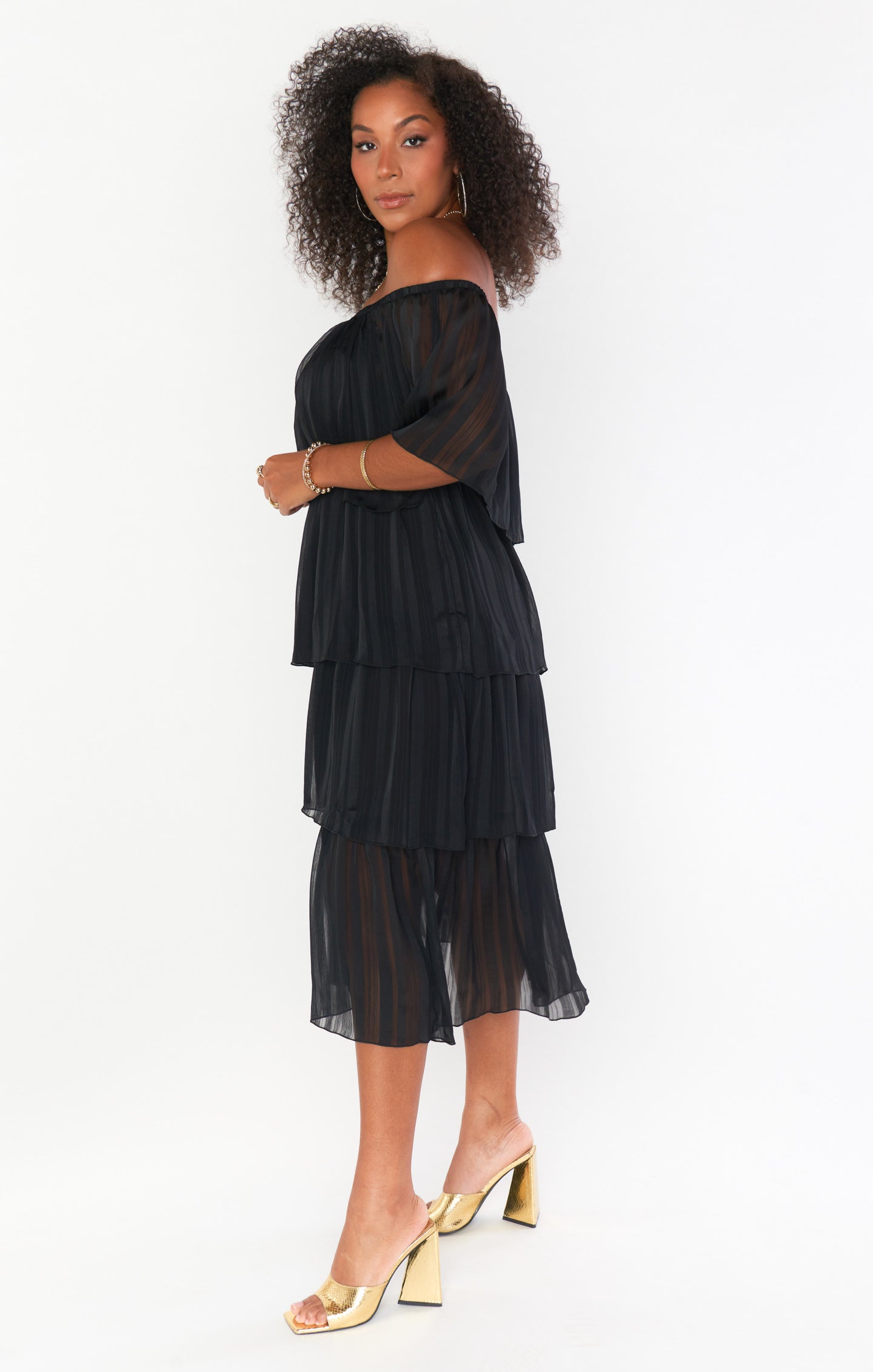 Lana Midi Dress ~ Flutter Stripe Chiffon Black