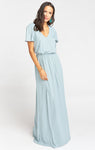 V-neck Elasticized Waistline Flutter Sleeves Maxi Dress