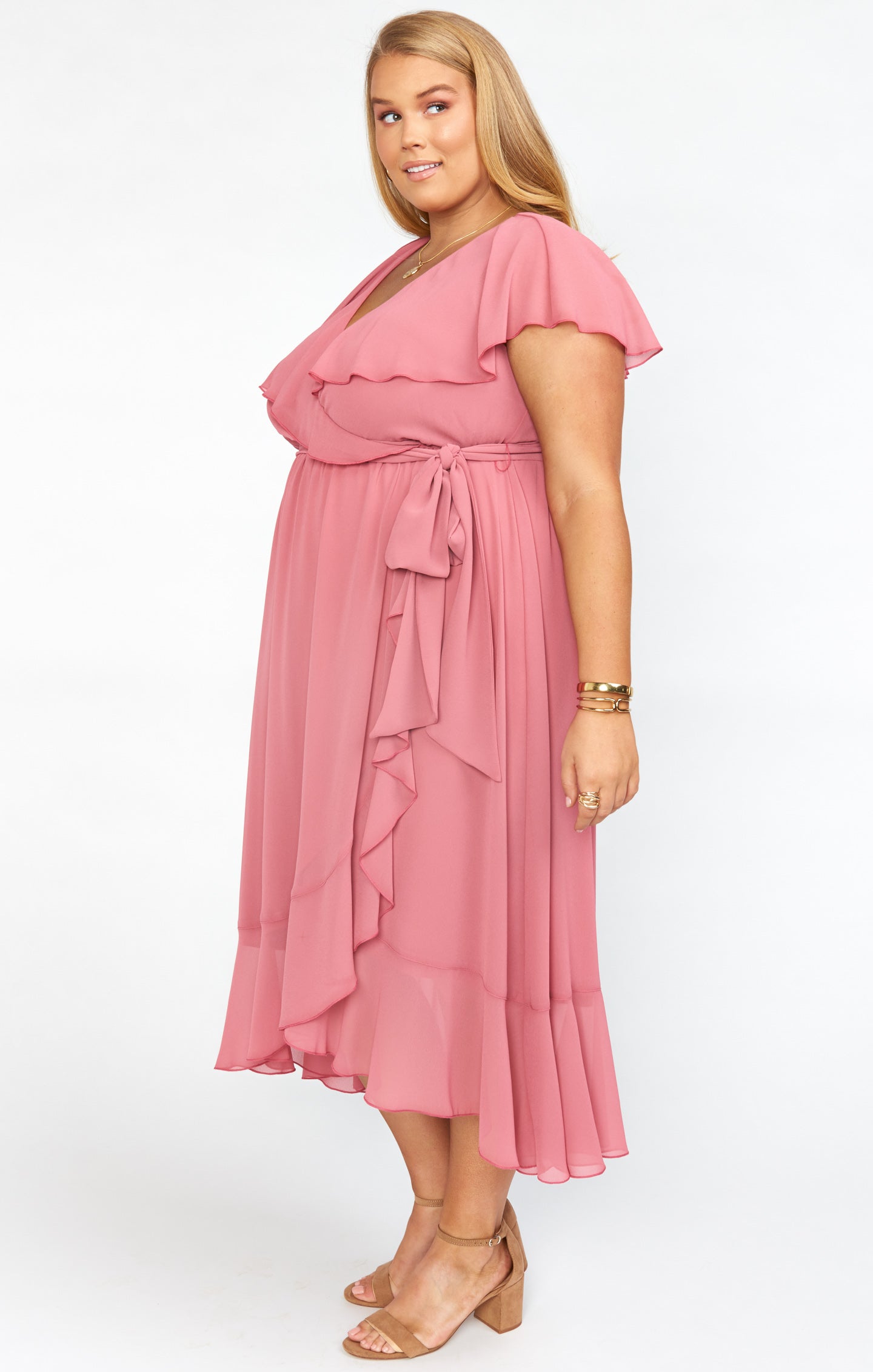 Jess Ruffle Midi Dress ~ Sunset Rose Chiffon