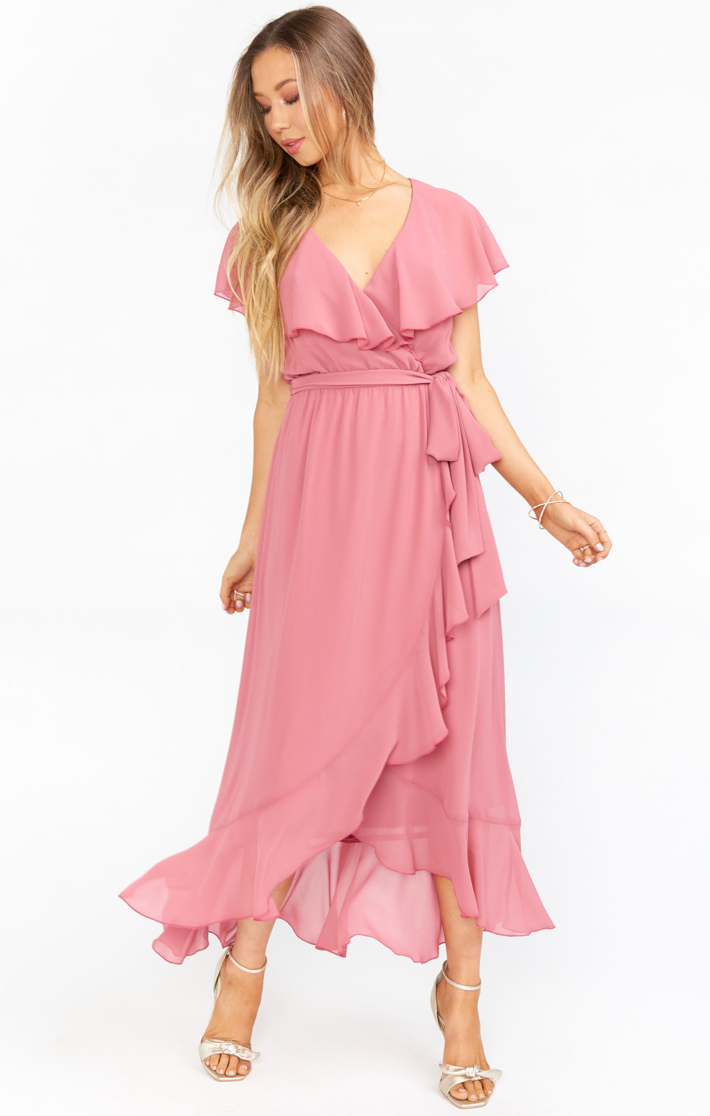 Jess Ruffle Midi Dress ~ Sunset Rose Chiffon