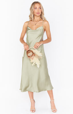 Samantha Ruffle Wrap Dress ~ Moss Green Luxe Satin – Show Me Your Mumu