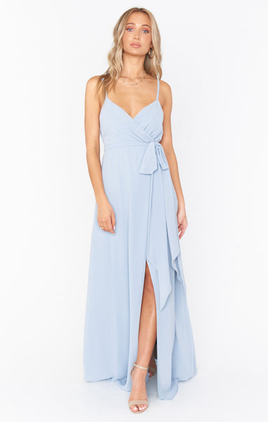 Chiffon Wrap Slit Elasticized Waistline Maxi Dress With a Bow(s)